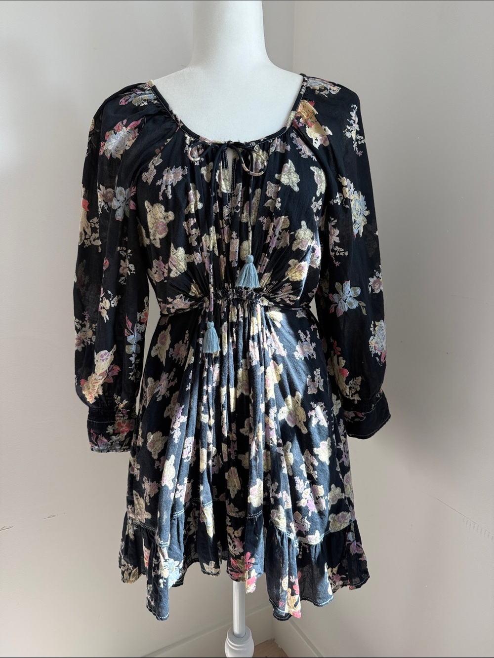Free People Black Floral Tie-Front Mini Dress with Pastel Accents